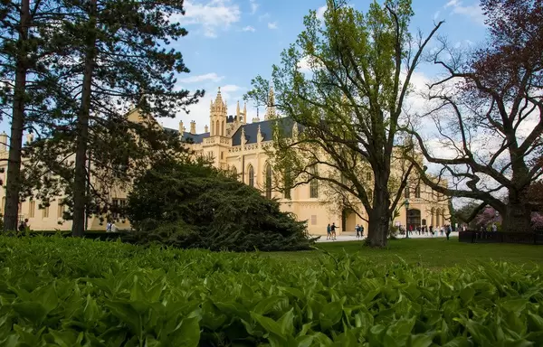 Lednice castle with green grass and trees