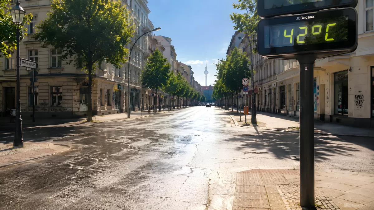Leere Berliner Straße bei extremer Hitze von 42 Grad