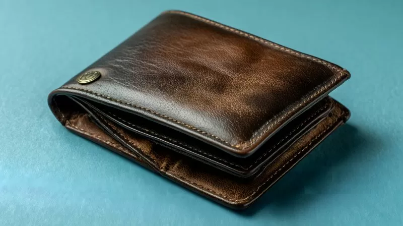 Leere braune Geldbörse auf blauem Hintergrund