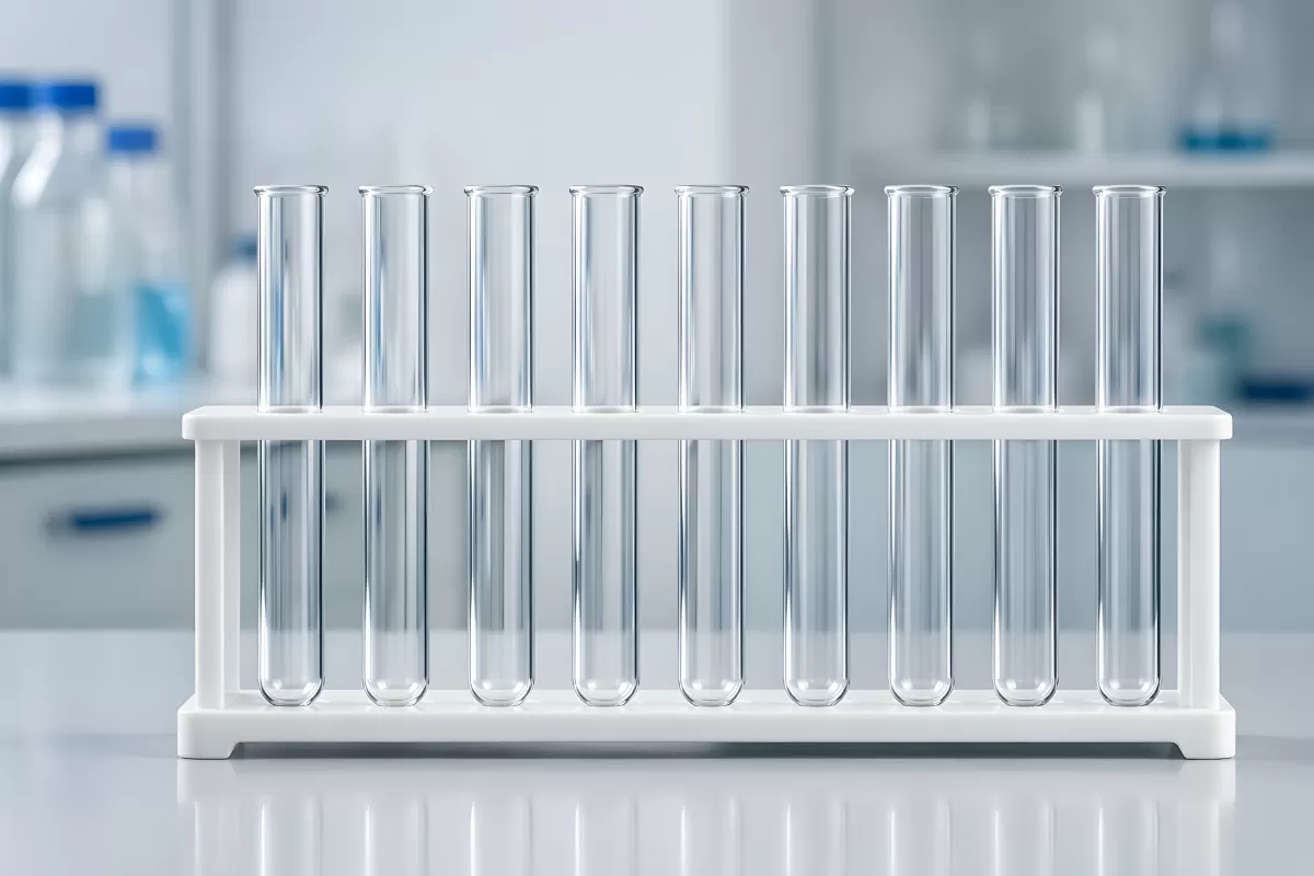 Leere Glasröhrchen im weißen Laborständer