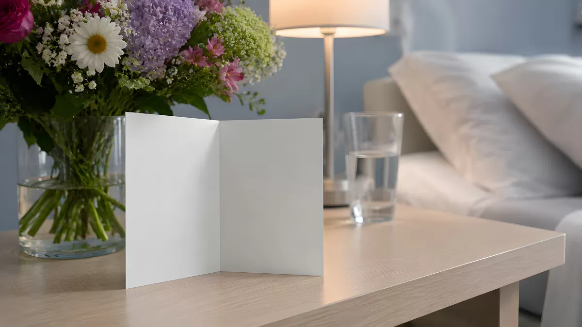 Leere Grußkarte auf Nachttisch mit Blumenstrauß