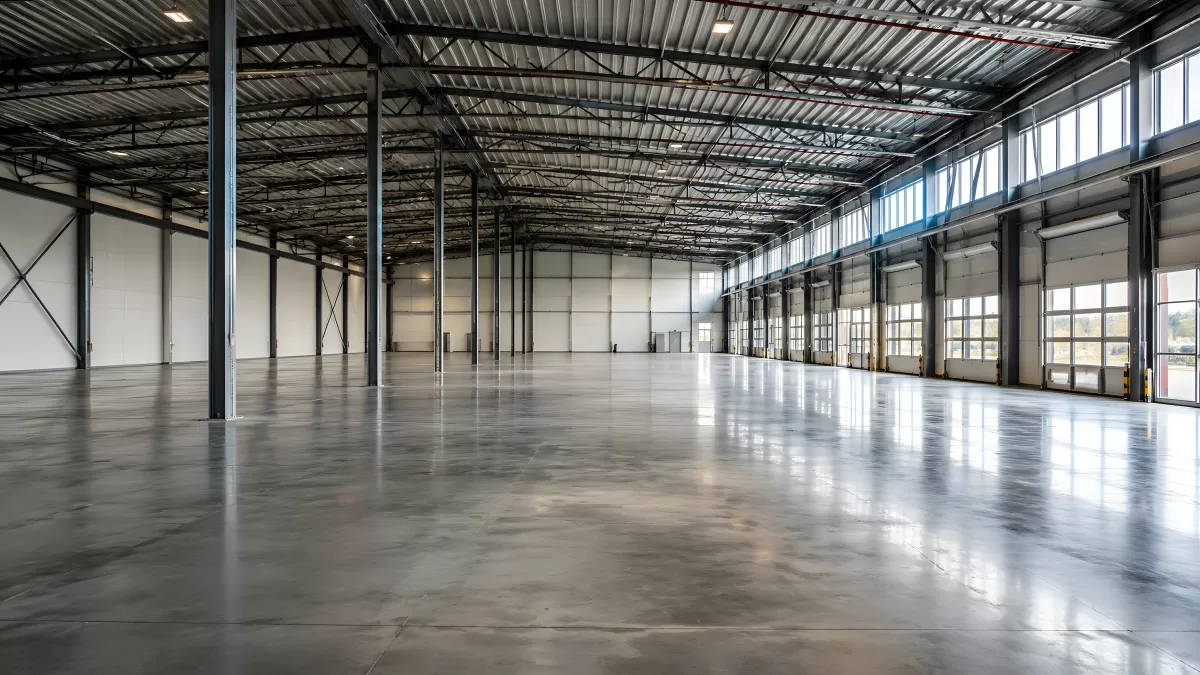 Leere Industriehalle mit glänzendem Betonboden
