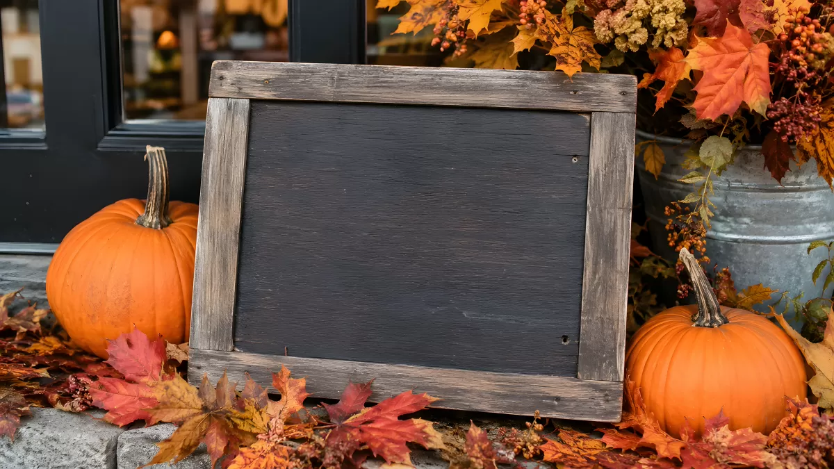 Leere Kreidetafel mit Kürbissen und Herbstlaub