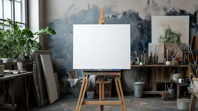 Leere Leinwand im kreativen Atelier mit Malutensilien