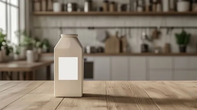 Leere Milchverpackung auf rustikalem Holztisch