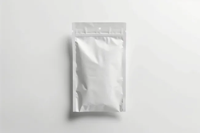 Leere, silberne Verpackungstasche auf weißem Hintergrund