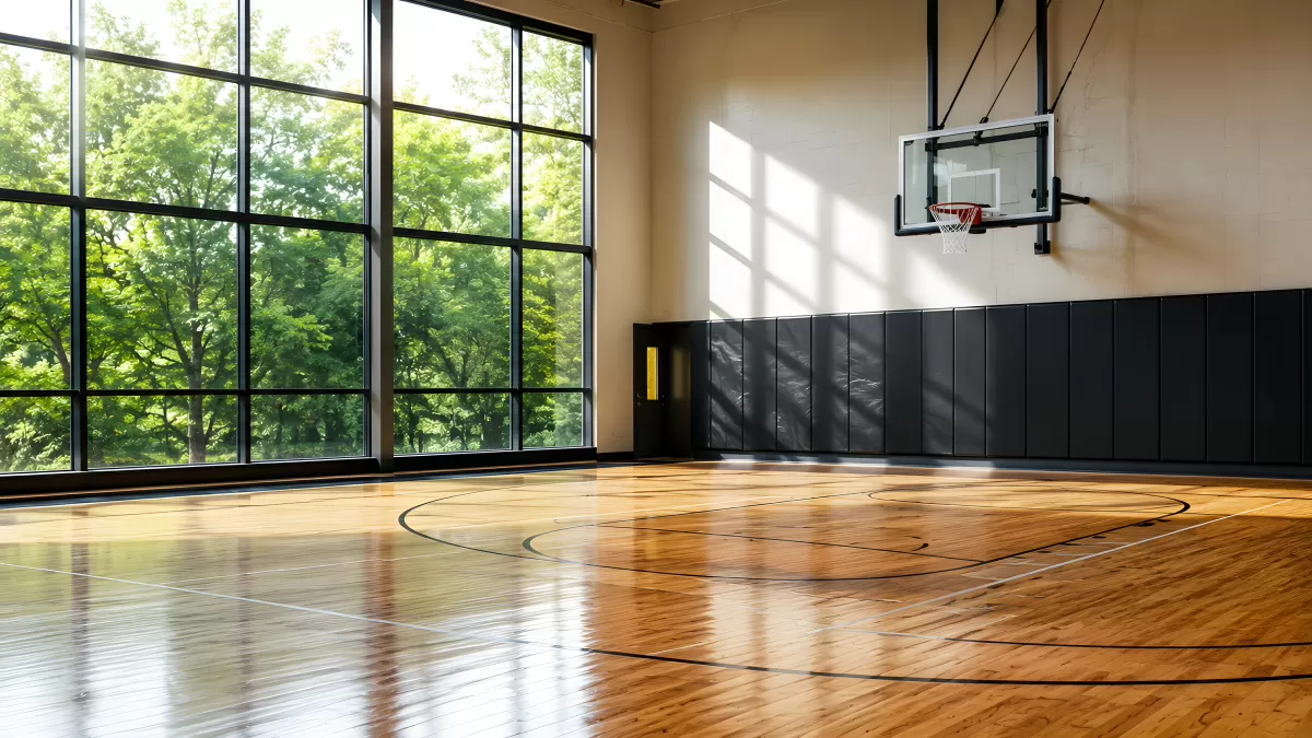 Leere Sporthalle mit Basketballkorb und Holzboden
