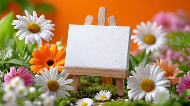 Leere Staffelei auf bunter Frühlingswiese mit Blumen