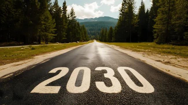 Leere Straße durch idyllischen Bergwald im Jahr 2030