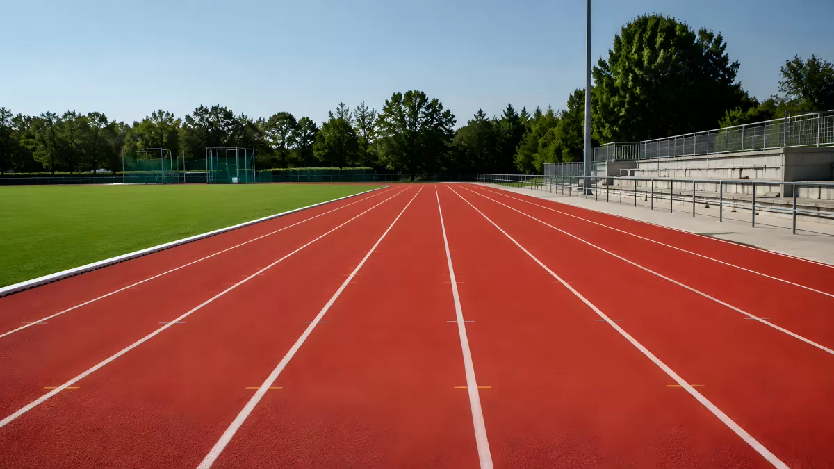 Leere Tartanbahn im Stadion an einem sonnigen Tag