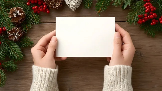 Leere Weihnachtskarte in Händen auf Holztisch mit Tannenzweigen