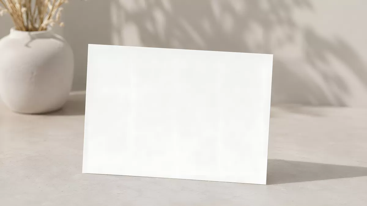 Leere weiße Karte vor hellem Hintergrund mit Vase