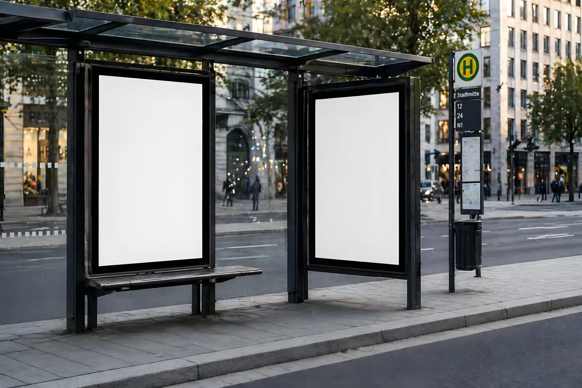 Leere Werbeplakatwände an Bushaltestelle in der Stadt