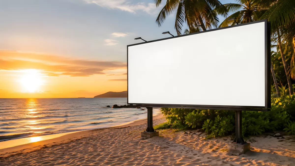 Leere Werbetafel am Strand bei Sonnenuntergang