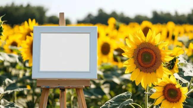 Leerer Bilderrahmen auf Staffelei im Sonnenblumenfeld