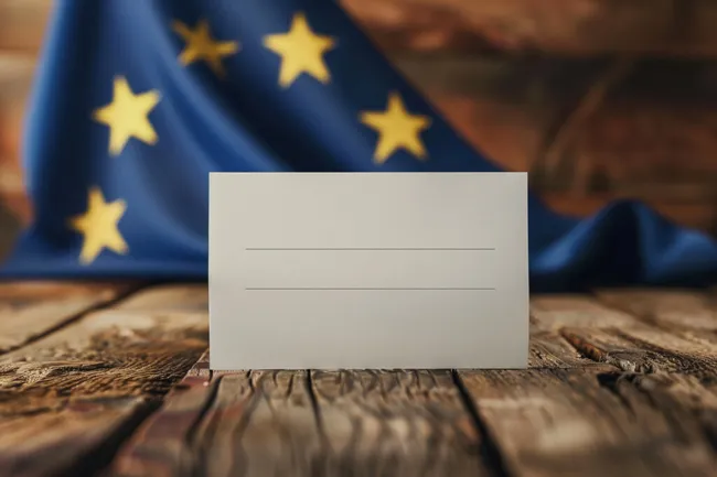 Leerer Briefumschlag vor EU-Flagge