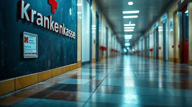 Leerer Gang im Krankenhaus mit Krankenkassen-Beschilderung