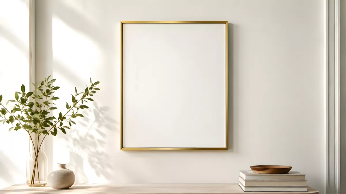 Leerer Goldrahmen an heller Wand mit Pflanzen