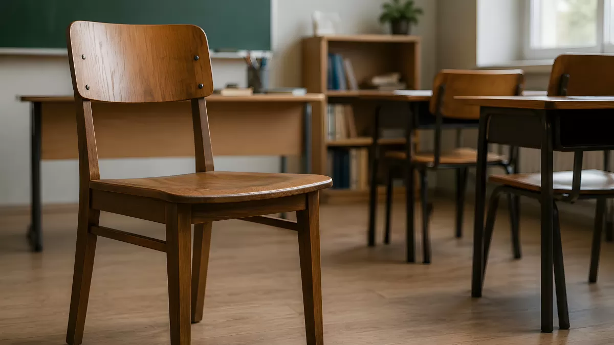 Leerer Holzstuhl in einem hellen Klassenzimmer