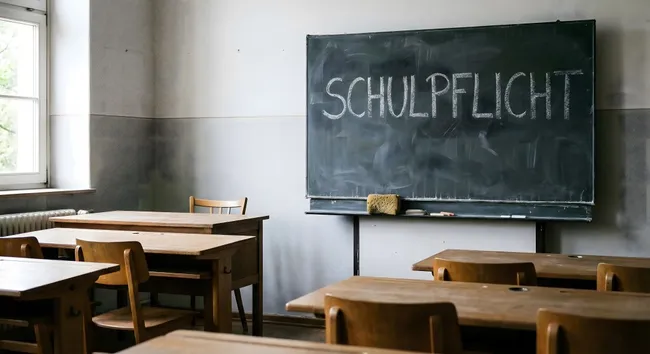 Leerer Klassenraum mit Tafel und Schulbänken