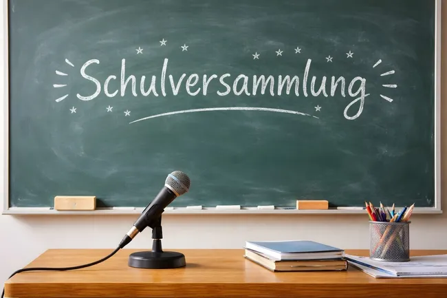 Leerer Klassensaal mit Tafel und Unterrichtsmaterial