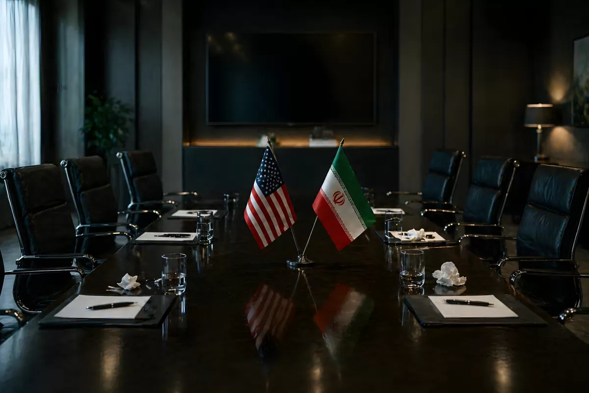 Leerer Konferenztisch mit US- und Iran-Flaggen