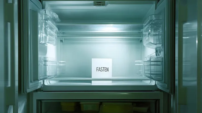 Leerer Kühlschrankkorb mit Fastenhinweis