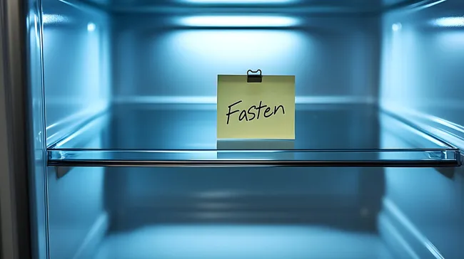 Leerer Kühlschrankraum mit gelber Notiz 'Fasten'