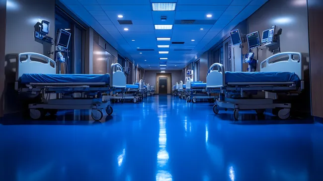 Leerer, moderner Krankenhausflur mit Patientenbetten