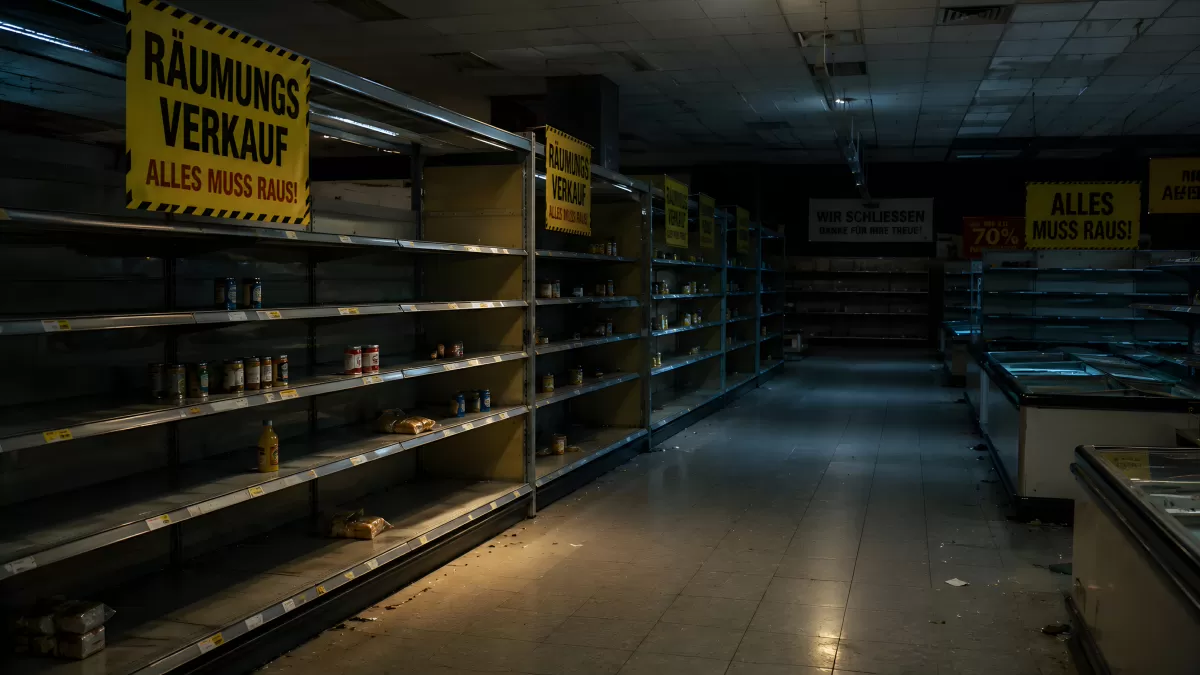 Leerer Supermarkt mit Räumungsverkauf-Schildern