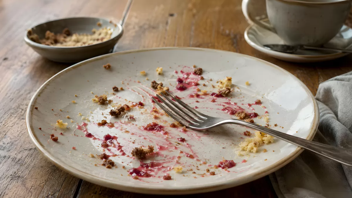 Leerer Teller nach dem Dessert mit Beerensauce