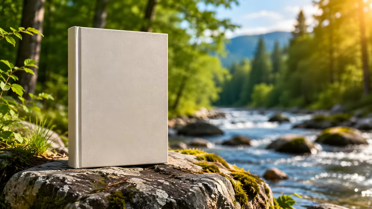 Leeres Buch auf Fels am Bach im Sommerwald