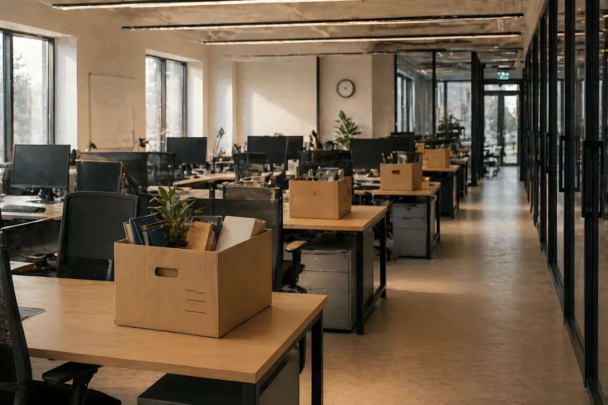 Leeres Büro mit Umzugskartons auf Schreibtischen