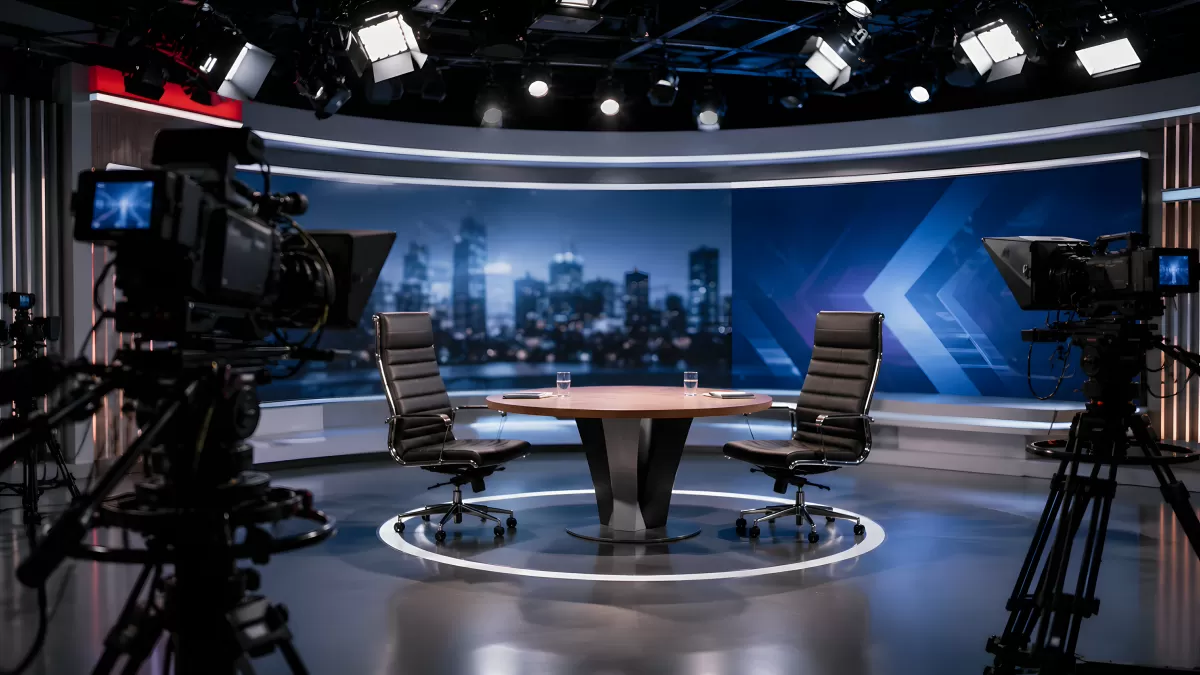Leeres Fernsehstudio mit Kameras und Moderationstisch