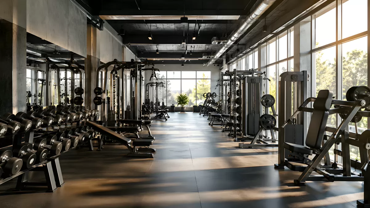 Leeres Fitnessstudio mit Hanteln und Maschinen