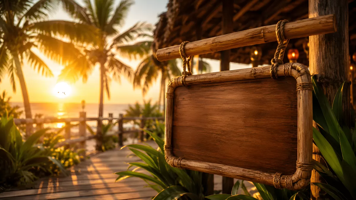 Leeres Holzschild am tropischen Strand bei Sonnenuntergang