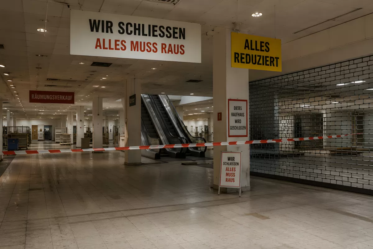 Leeres Kaufhaus wie Galeria mit Räumungsverkauf-Schildern