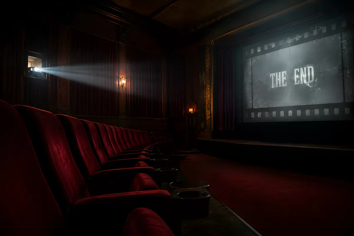 Leeres Kino mit rotem Samtsitzen und THE END