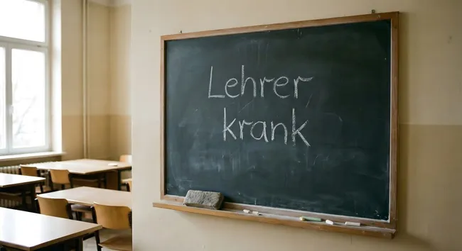 Leeres Klassenzimmer mit Kreidetafel-Hinweis zur Vertretungsstunde
