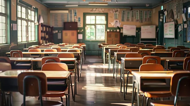 Leeres Klassenzimmer mit Schulbänken und großen Fenstern