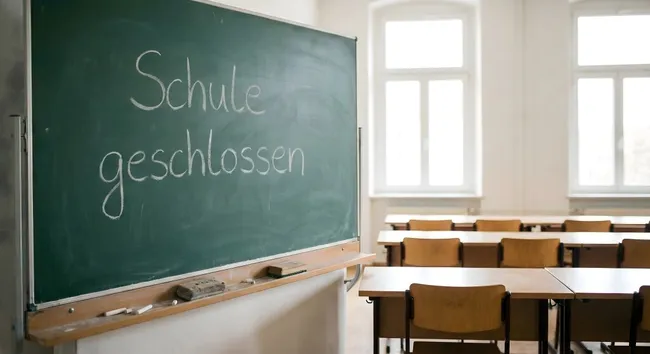 Leeres Klassenzimmer mit Tafel und Blick aus dem Fenster