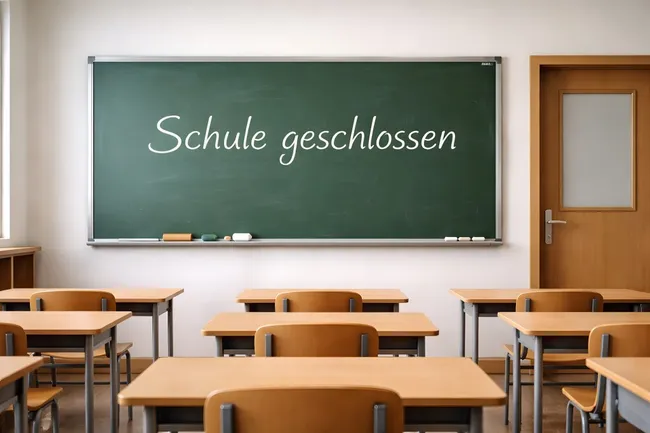 Leeres Klassenzimmer mit Tafel und 'Schule geschlossen'