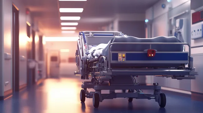 Leeres Krankenhausbett im beleuchteten Flur