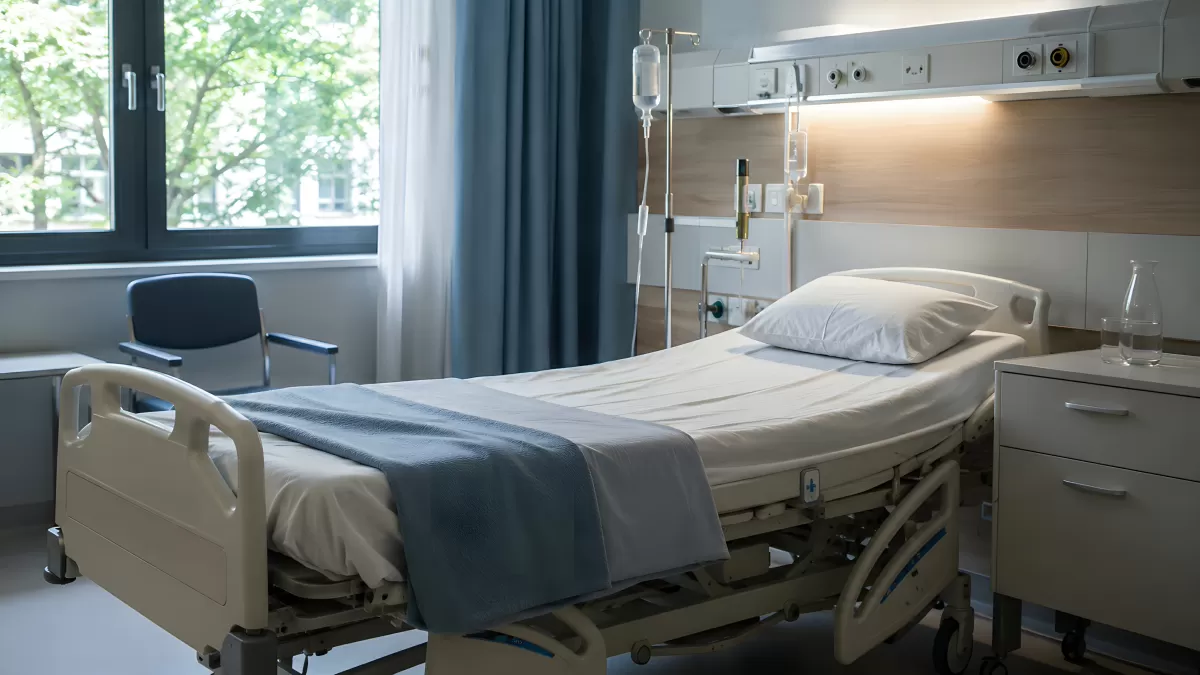 Leeres Krankenhausbett in modernem Patientenzimmer — Bild kostenlos herunterladen