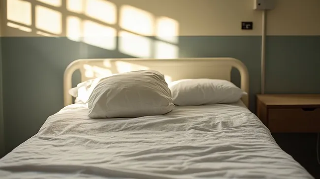 Leeres Krankenhausbett mit Kissen und Lichteinfall