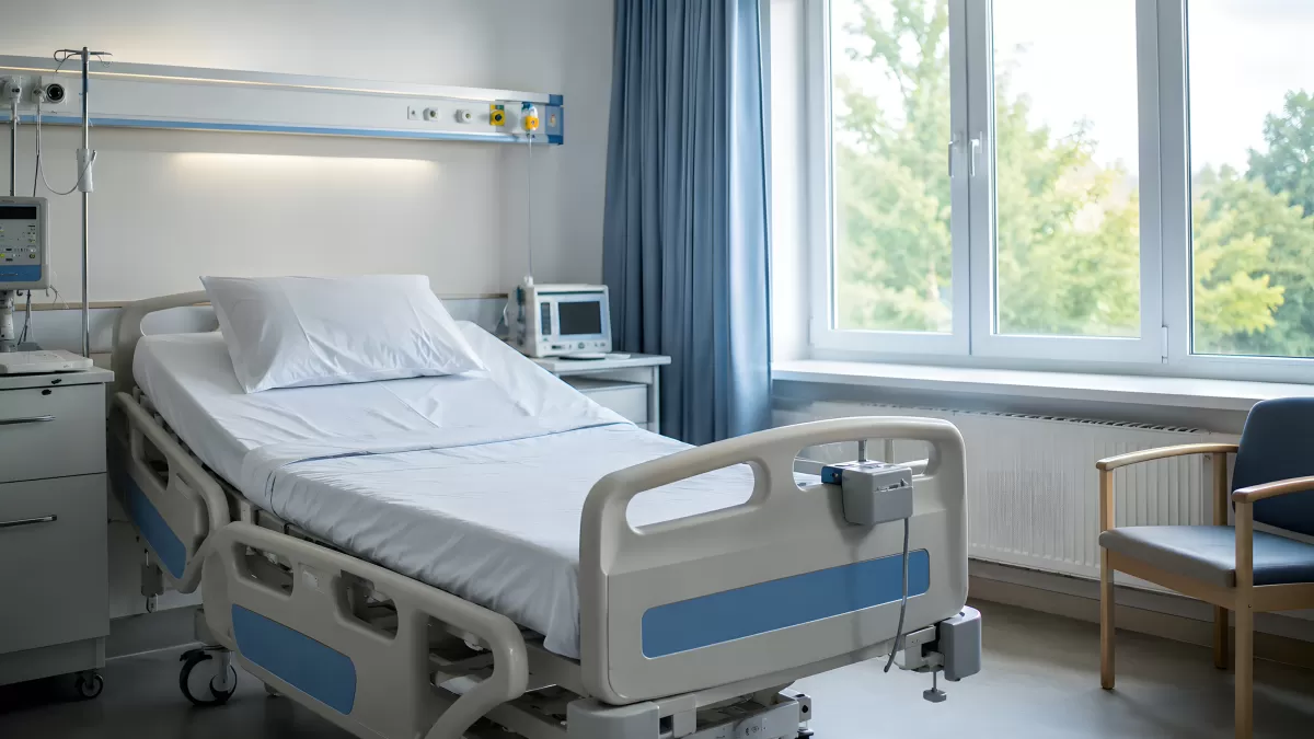 Leeres Krankenzimmer mit Pflegebett und Fensterblick