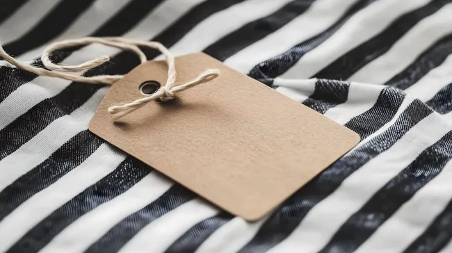 Leeres Pappschild auf gestreiftem Stoffhintergrund