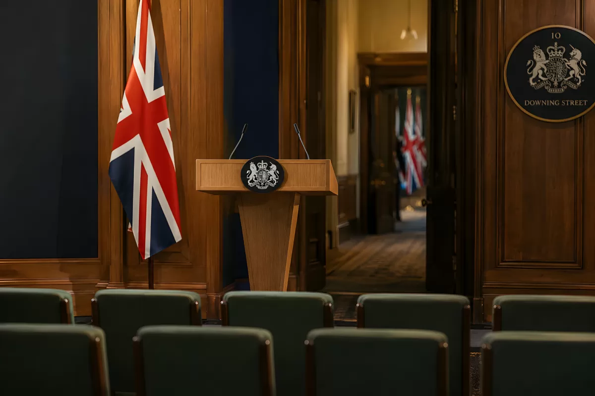 Leeres Pressepodium in 10 Downing Street London