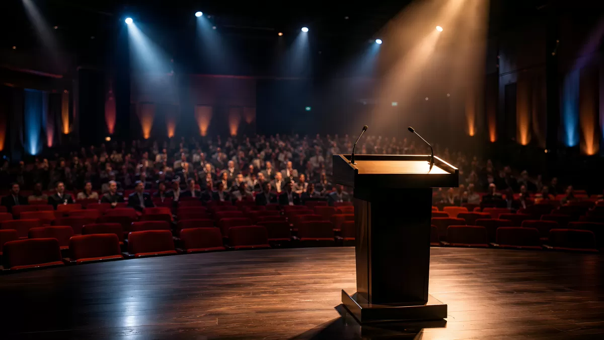 Leeres Rednerpult auf Bühne vor vollem Auditorium