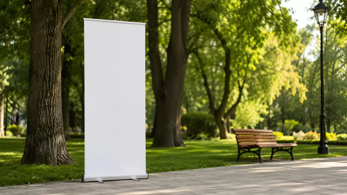 Leeres Roll-up Banner im sommerlichen Stadtpark
